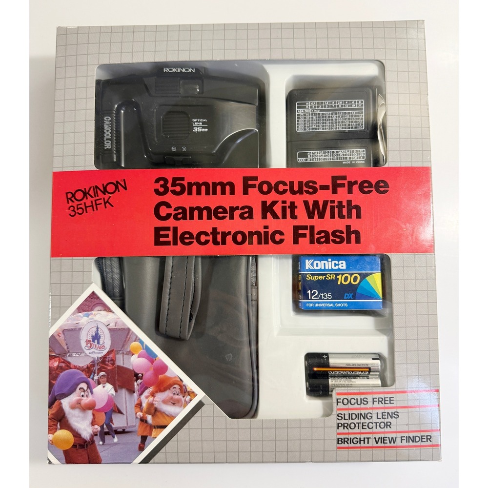 Rokinon 35HFK 35mm Focus-Free Camera Kit OS Black Vintage 1988 Flash Film